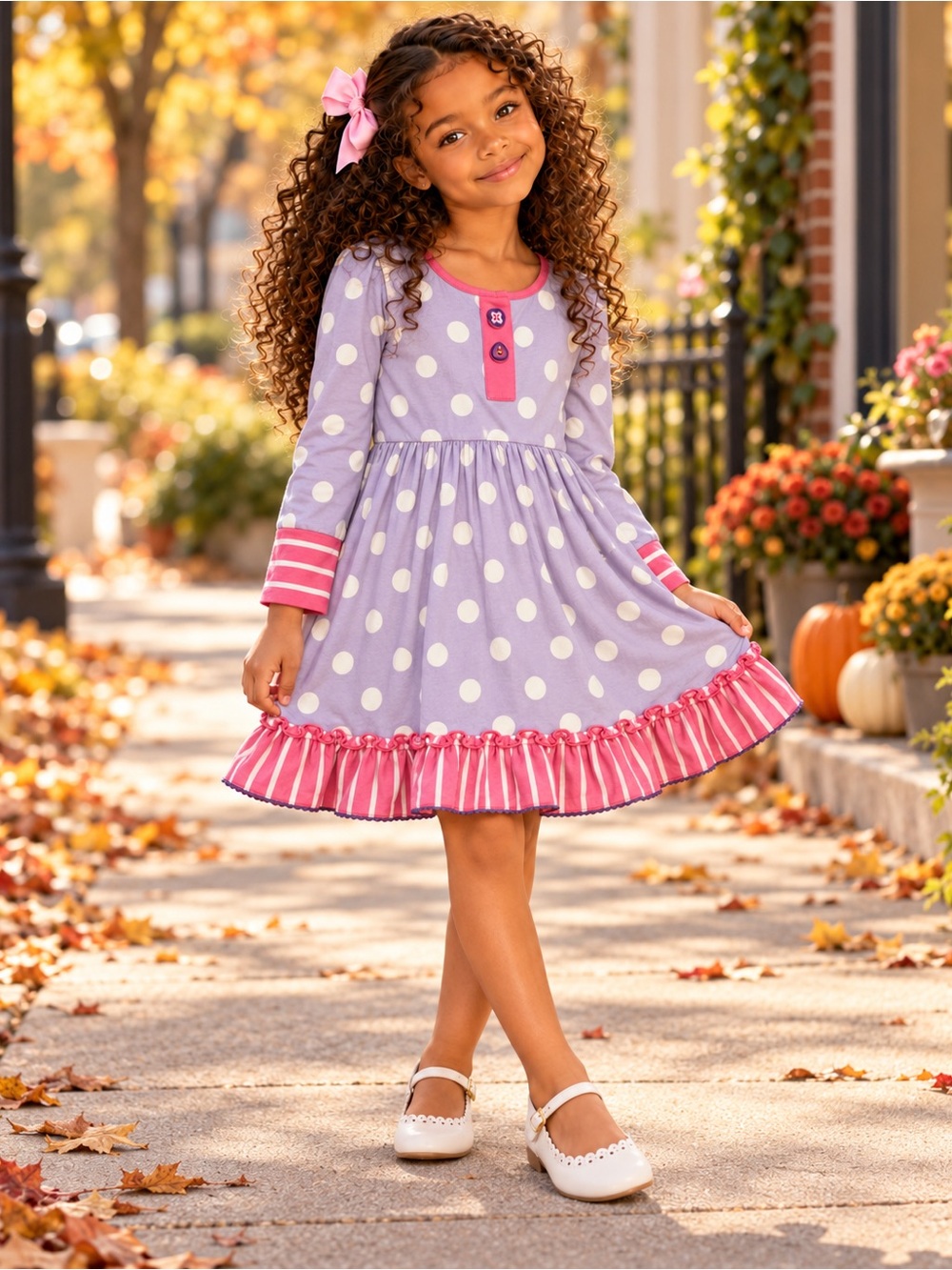 Matilda Jane Girls Lavender Polka Dot Ruffle Dress Pink Stripe Trim 6